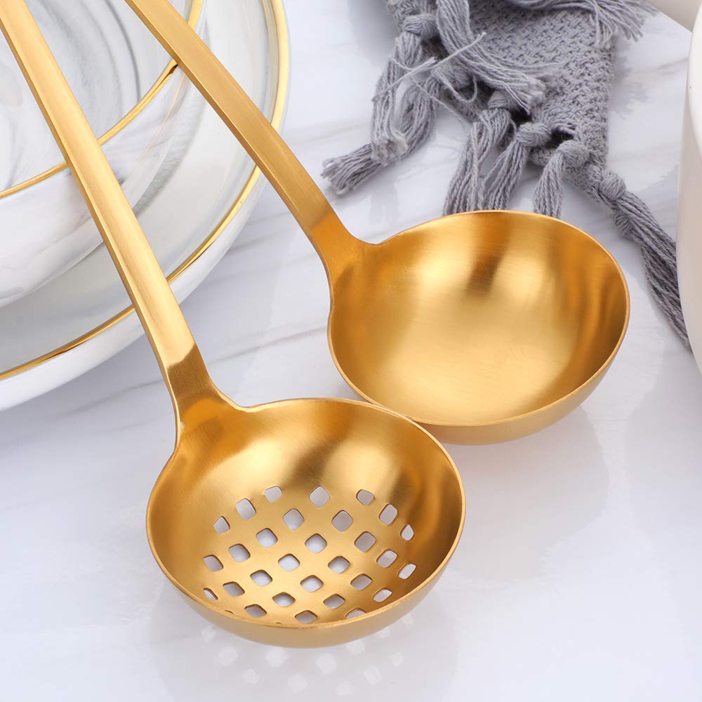 2 Pieces Gold Metal Soup Ladle Colander Set, Long Handle Stainless Steel Kitchenware Cookware Serving Spoon Cooking Utensil For