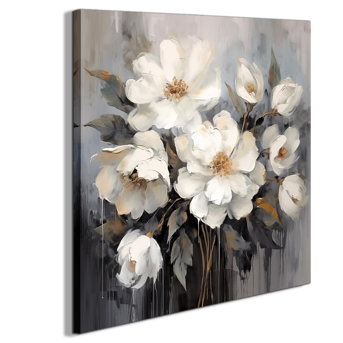 Bathroom Wall Art, Flower Wall Art,Floral Canvas Wall Art,Wall Art White And Gray Flower Decoration,Bedroom Office Flower Wall A