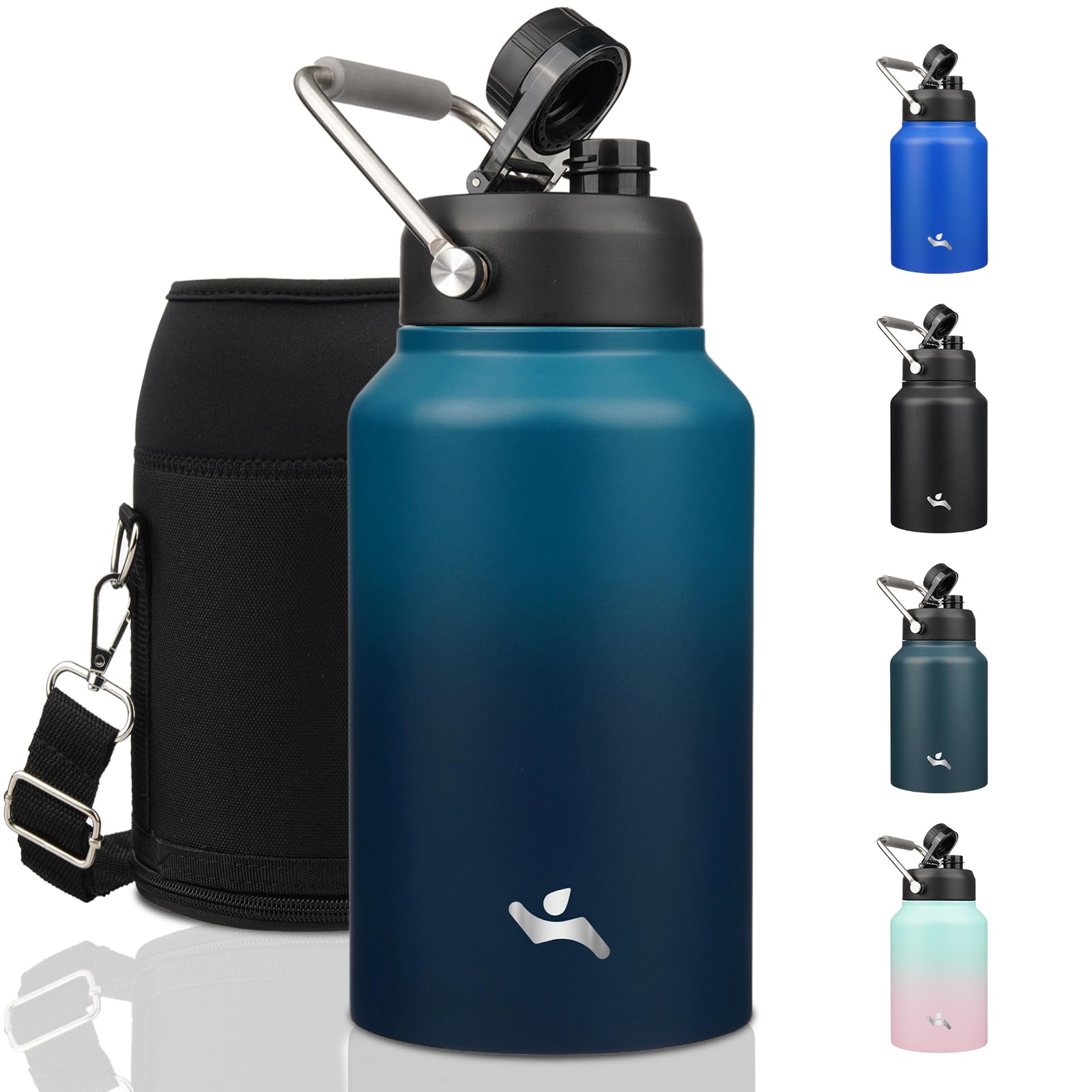 Konokyo Jug with Handle,87 oz Insulated Water Bottle with Carrying Pouch, Double Wall Vacuum Stainless Steel Metal Bottle,Indigo