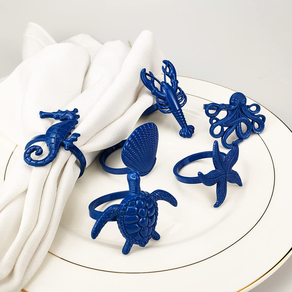 Yhridcaz 6 Pcs New Coastal Sea Creatures Different Ocean Style Metal Napkin Rings Blue Nautical Serviette Holder Rings For Home