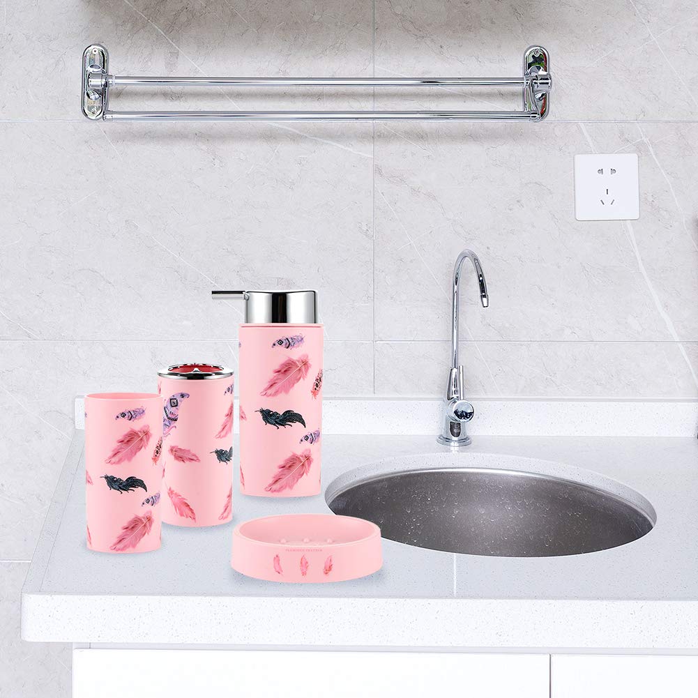 JOTOM 6 Pieces Bathroom Accessories Set Plastic Bathroom Accessories Toothbrush Holder Cup Soap Dish Hand Sanitizer Bottle Trash Can Toilet Brush (Flamingo)