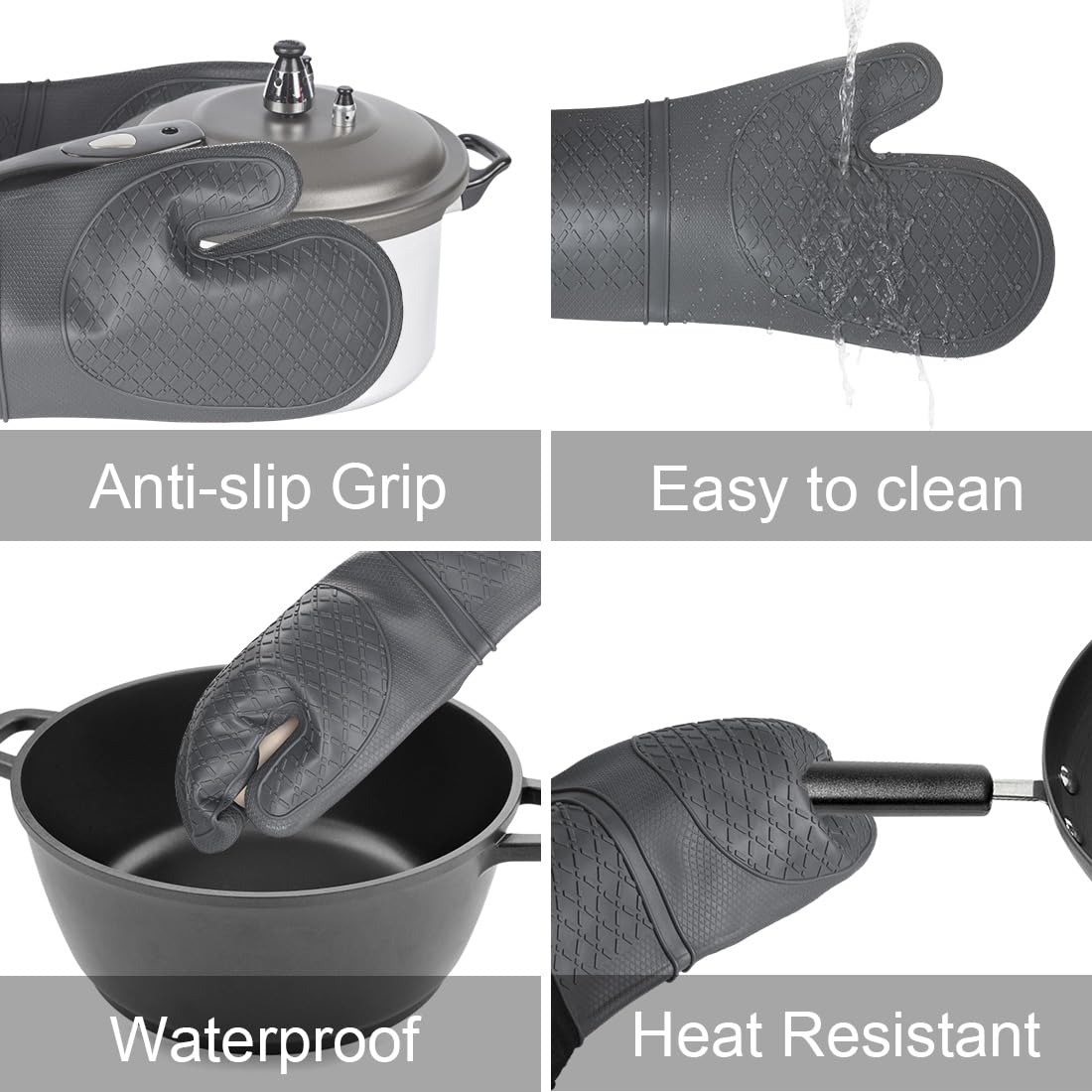 Hvalucen 2Pcs Silicone Oven Mitts Waterproof And Non-Slip Temperature Resistant To 500F 13 Inches Grey