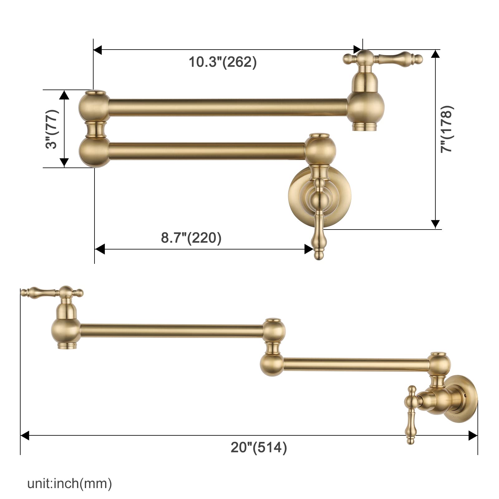 Wowow Gold Pot Filler Faucet, Wall Mount Copper Folding Faucet 2 Handle With Double Joint Swing Arms, Single Hole Brass Commerci
