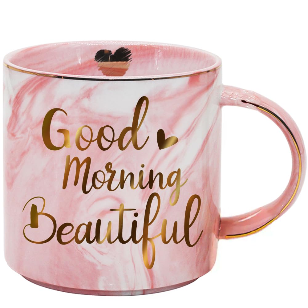 SUUURA-OO Good Morning Beautiful Novelty Coffee Mug Gifts for Her Beautiful Woman Lady Fashion Lover Girl Pretty Mom Grandma Aunt Daughter Best Friend Ever  Pink Marble Ceramic Coffee Cup 11.5oz