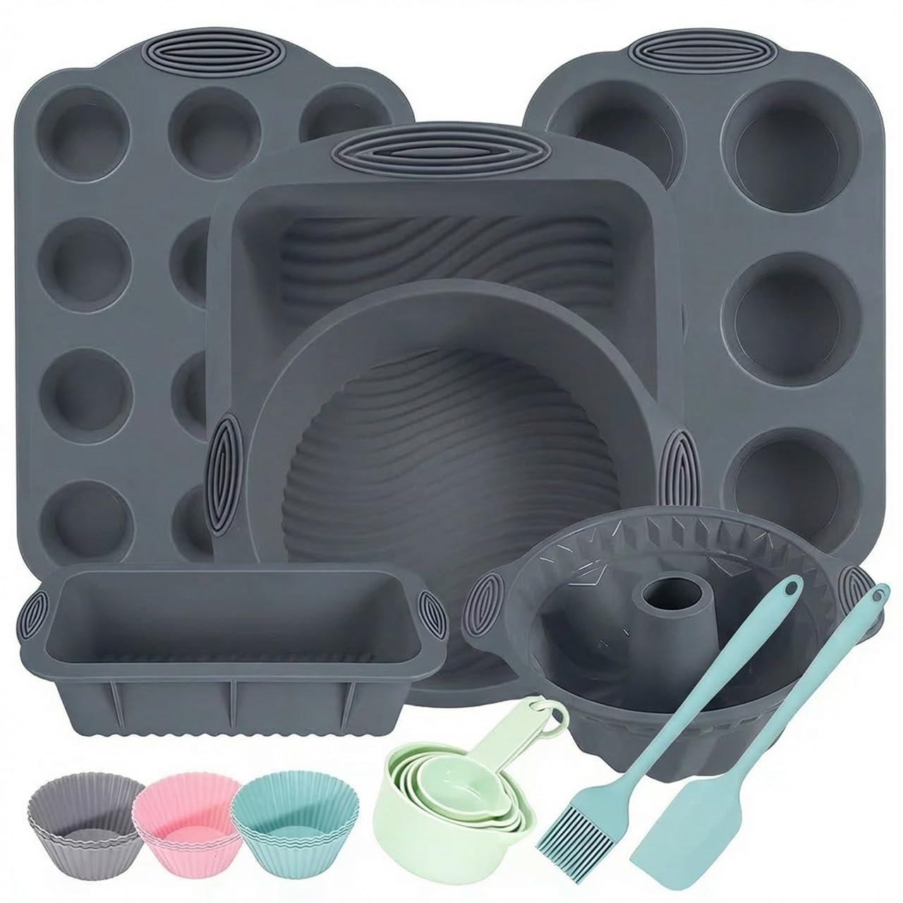 25 PCS Silicone Baking Pans Set, Nonstick Bakeware Sets with Round/Square Cake Pans, Muffin Pans, Baking Cups and Spoons for 450