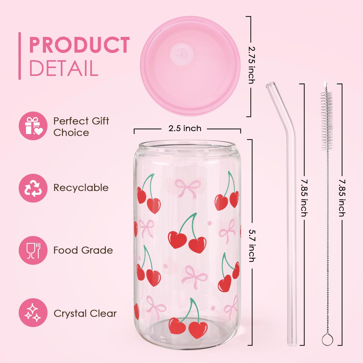 Cherry 16 Oz Can Glass Tumbler with Acrylic Lid and Straw - Iced Coffee Cups for Women, Aesthetic Glass Cup Gift for Birthday Ch