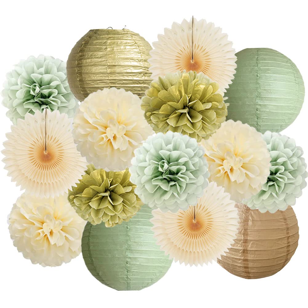 Sage Green Party Decorations Cream Paper Fans Gold Tissue Paper Pom Poms Paper Lanterns Sage Green And Gold Party Decorations Fo