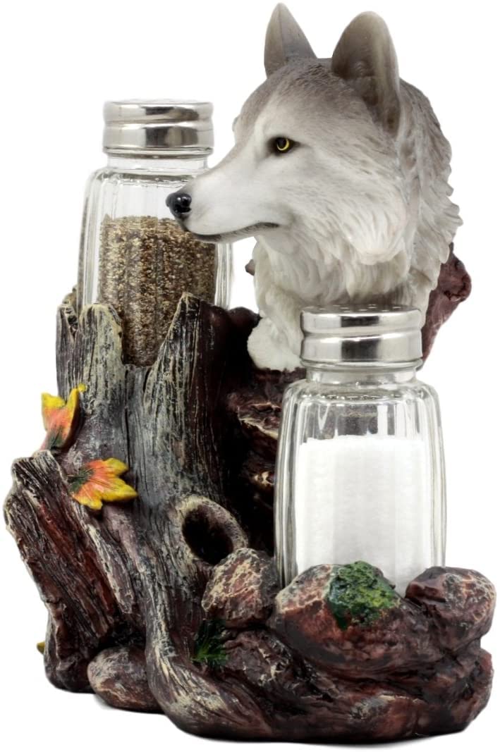 Dwk Gray Wolf Salt & Pepper Holder Figurine With Refillable Salt And Pepper Shakers | Rustic Wildlife Wolf Decor | Animal Decor