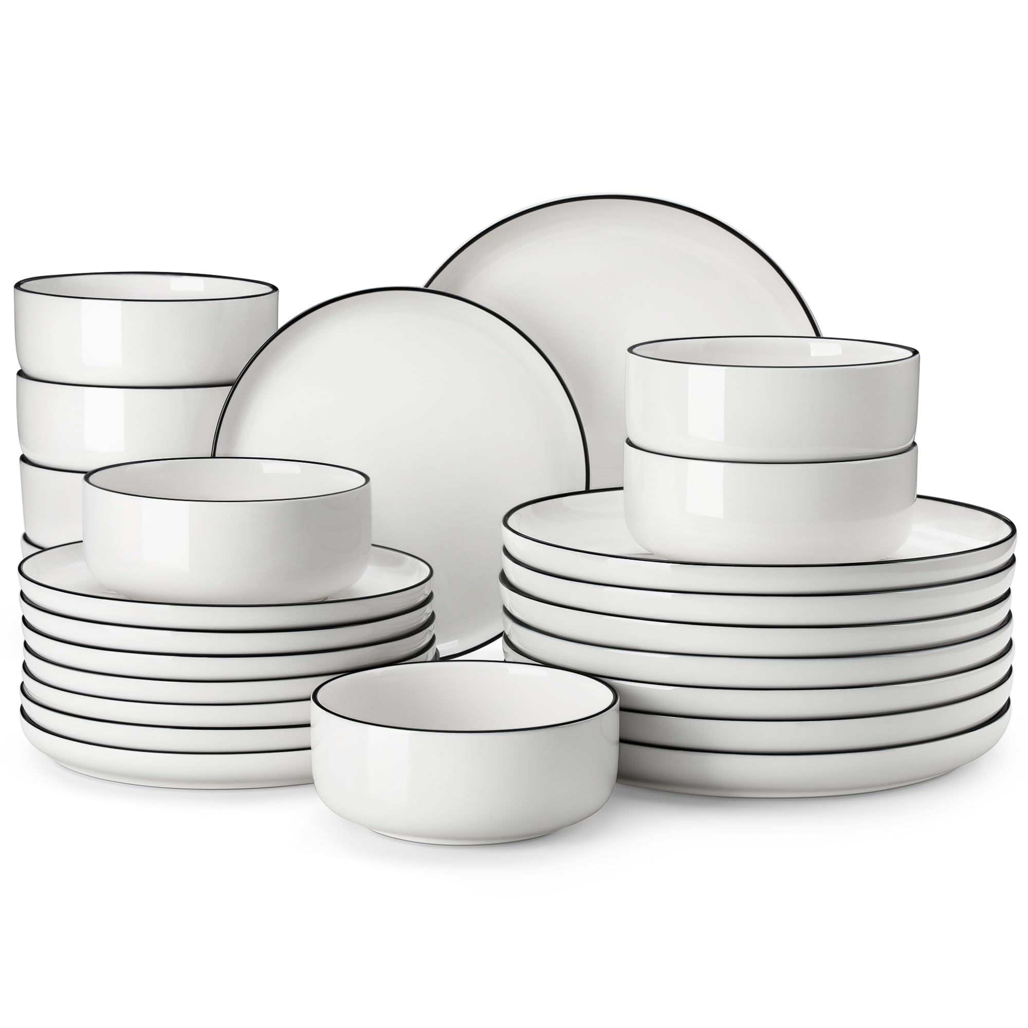 MALACASA Plates and Bowls Sets, 24 Pieces Modern Porcelain Dinnerware Set for 8 White Kitchen Dinner Dining Ware Set wtih Black 