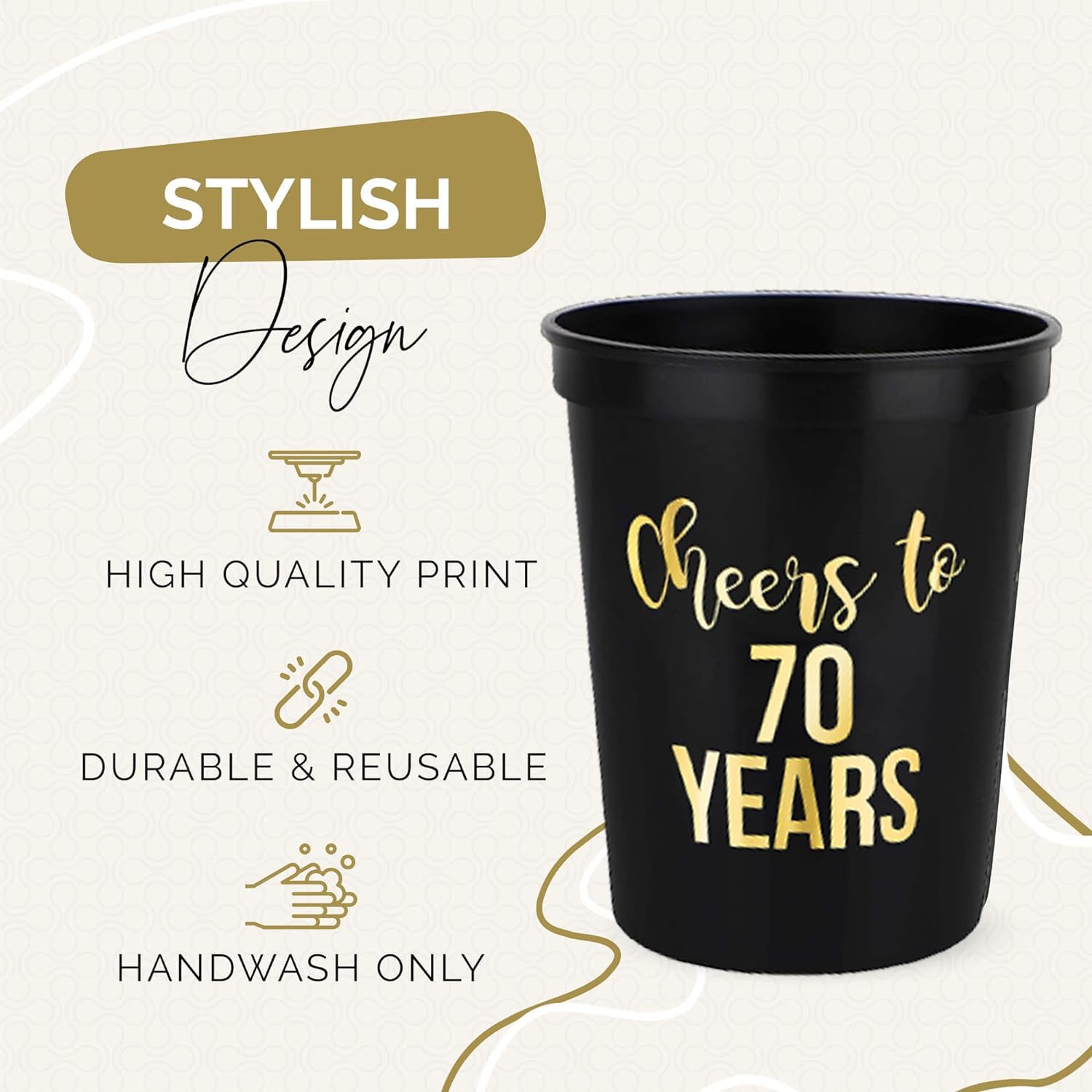 Cheers To 70 Years With 70Th Birthday Party Cups - Set Of 12, 16Oz Black & Gold 70Th Birthday Cups - Perfect 70Th Birthday Party