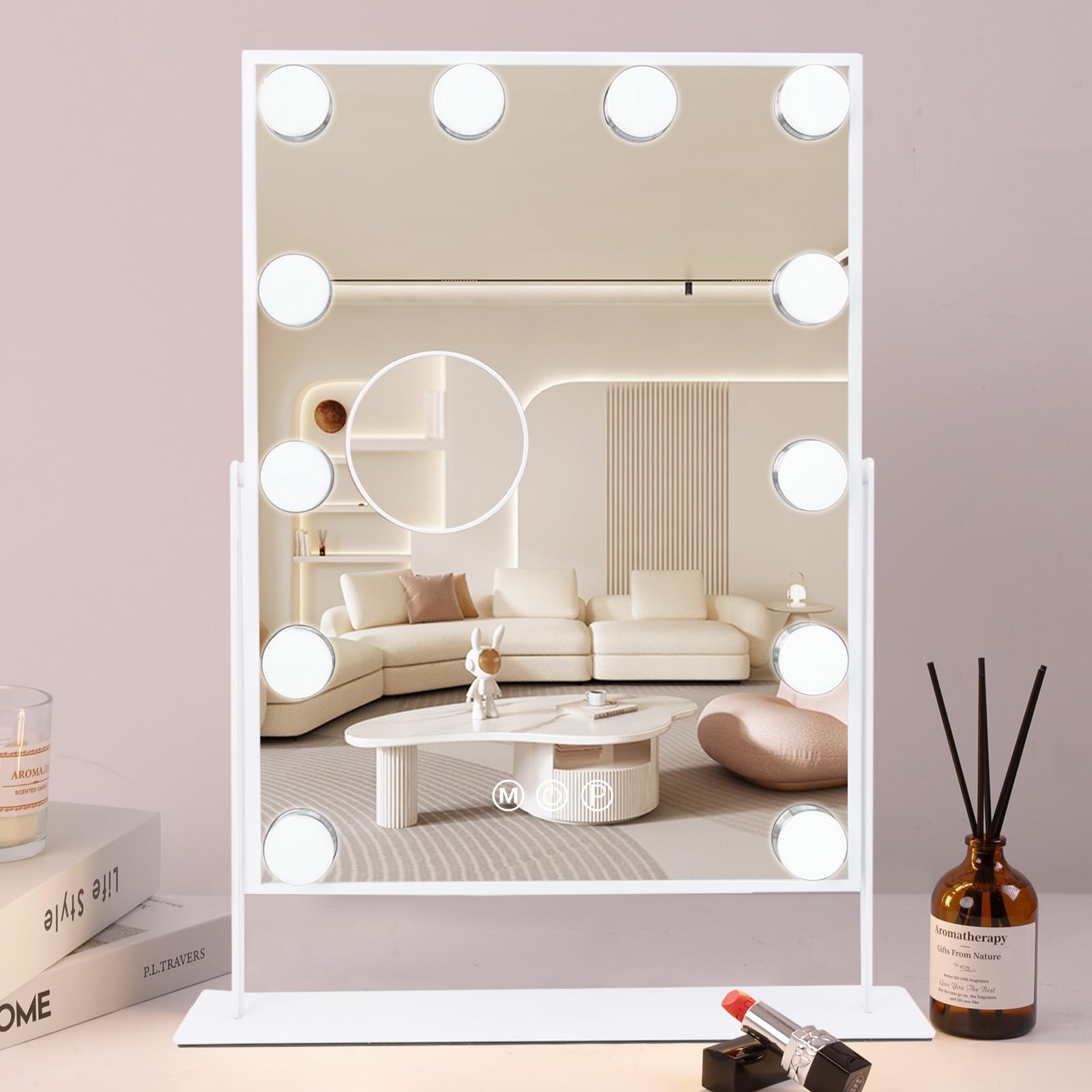 Cooljeen Hollywood Vanity Mirror With Lights, 10X Magnification, 3 Color Lighting Modes, 360 Swivel, Slim & Chic, Tabletop Mount