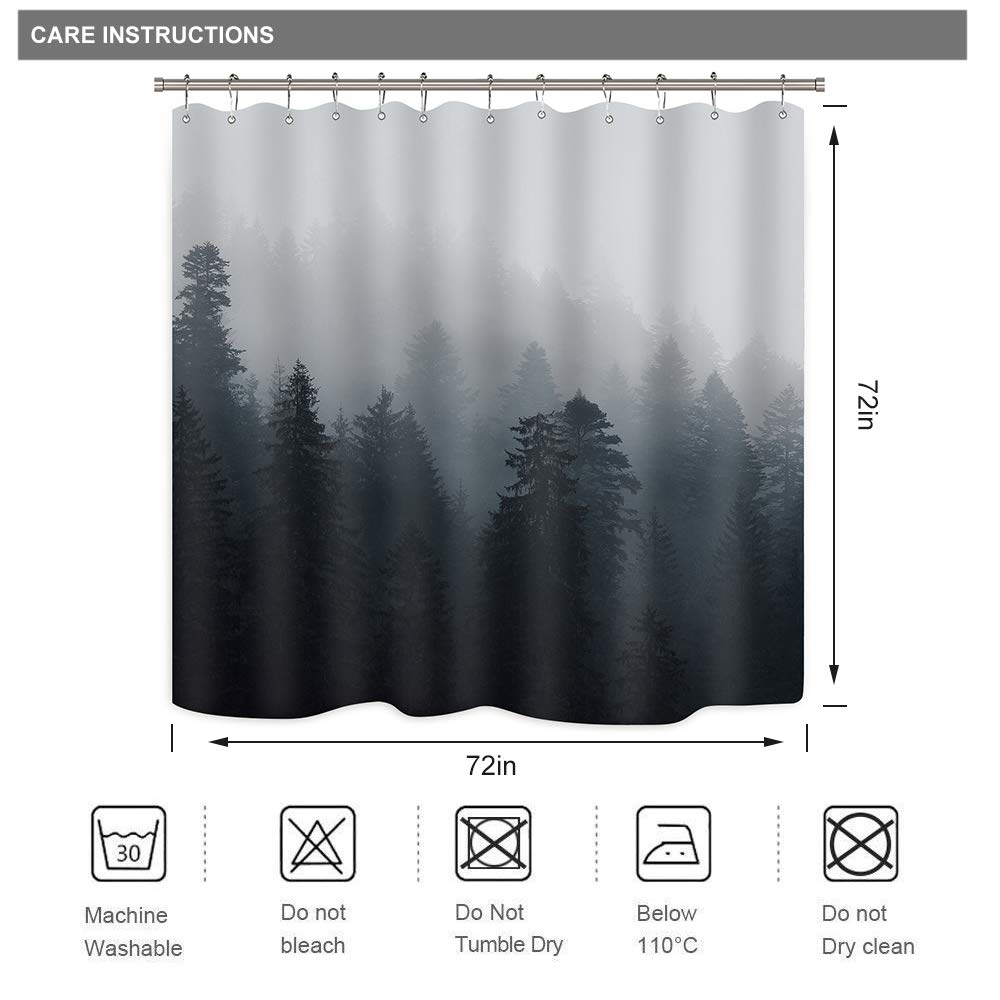 Riyidecor Gothic Fabric Dark Mens Shower Curtain Set For Bathroom 72Wx72H Inch Nature Tree Spooky Mountain Foggy Woodland Bath C