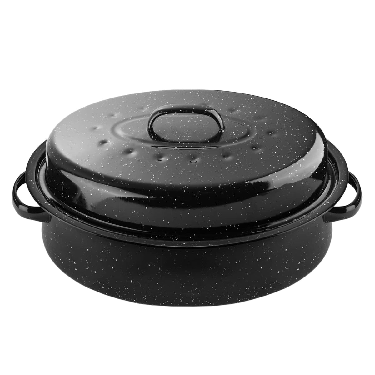 Dimeshy 18Inch Roasting Pan, Enamel On Steel, Black Covered Oval Roaster Pan With Lid, Large Cookware For Turkey, Small Chicken,