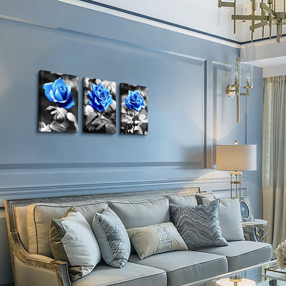 Bedroom Wall Art For Living Room Bathroom Wall Decor For Kitchen Family Pictures Artwork Black And White Blue Rose Flowers Canva