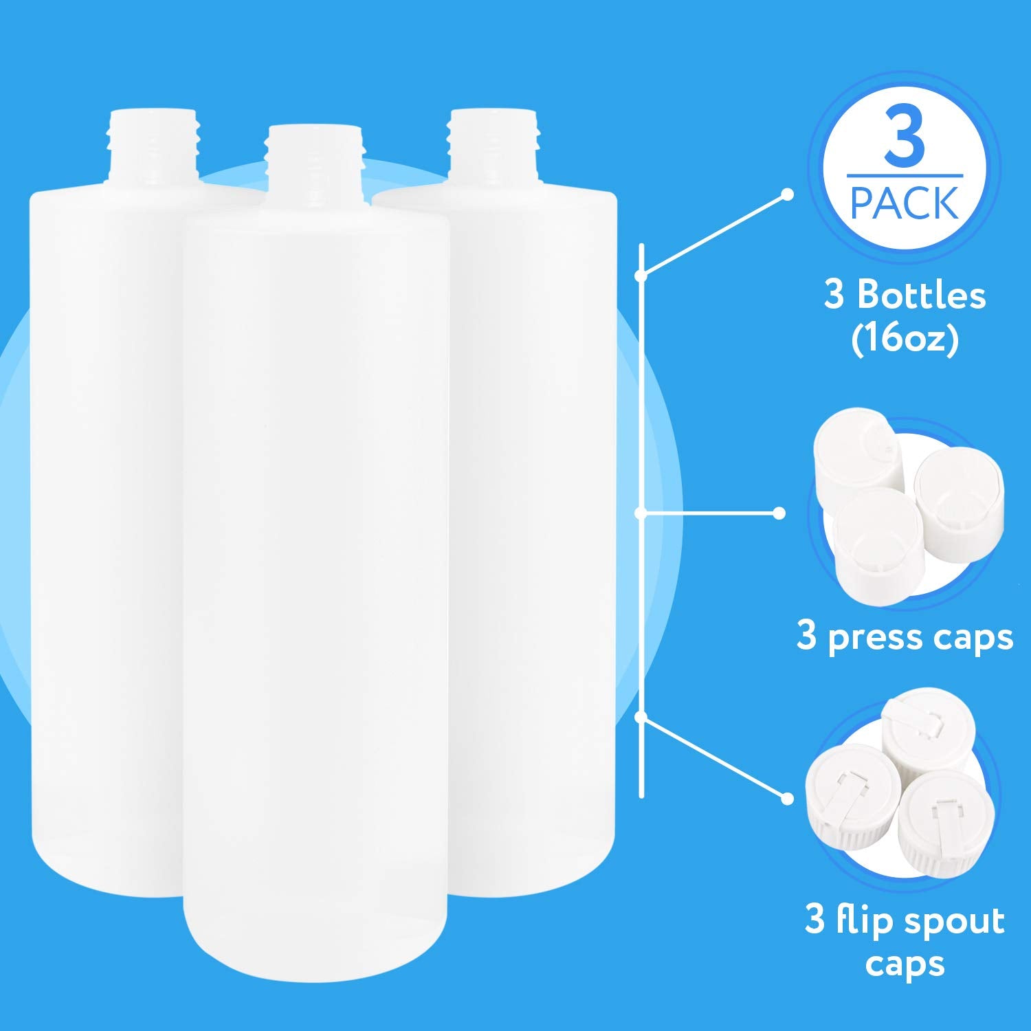 Impresa 3 Pack 16Oz Plastic Bottle With 6 Caps In 2 Styles - Bpa Free Latex-Free, Food-Grade, Great For Shampoo, Body Wash, Sauc