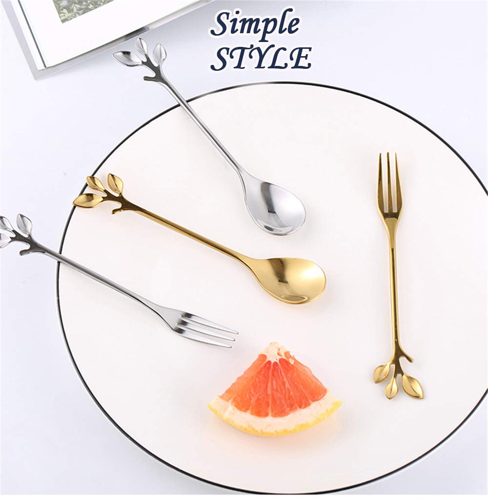 Turbokey Tableware Gold Leaf Coffee Spoon Fork 8 Pack(4 Spoons 4 Forks) Little Demitasse Espresso Spoon and Appetizer Dessert Forks Set 4.7 Inches Tea Spoon Set (Gold8)