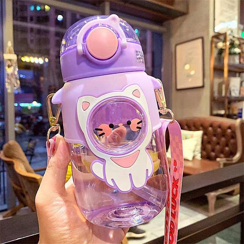 Excvalues Kawaii Bear Water Bottle With Straw And Shoulder Strap, 25Oz Cute Large Capacity Water Bottles With 3D Stickers For Gi
