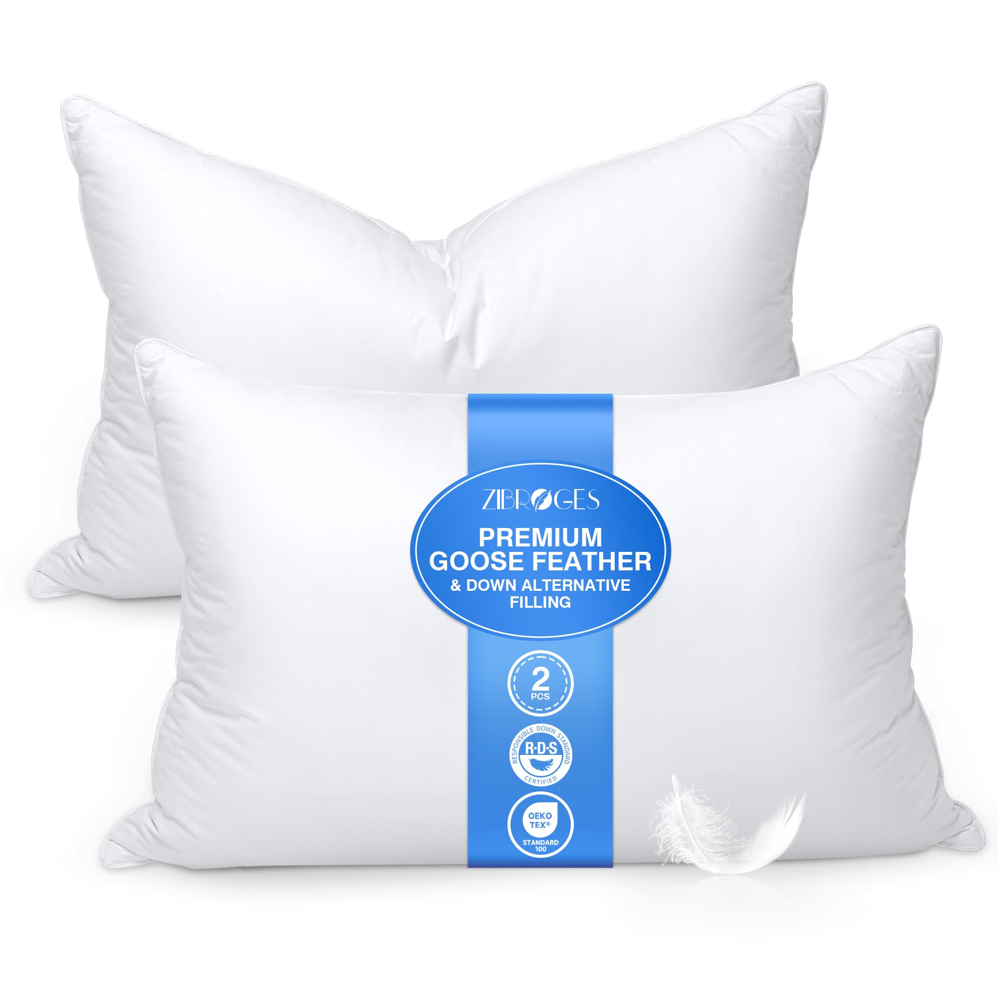 Zibroges Feather Pillows Queen Size Set Of 2 - Goose Down Hotel Bed Pillow For Sleeping, Soft 600 Thread Count Cotton Cover, Flu
