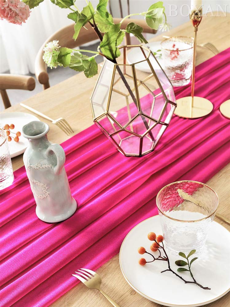 Boxan 30X120 Inch Fuchsia Sheer Table Runner - Boho Romantic Tablecloth For 6 Foot Table In Washable Polyester - Great For Buffe
