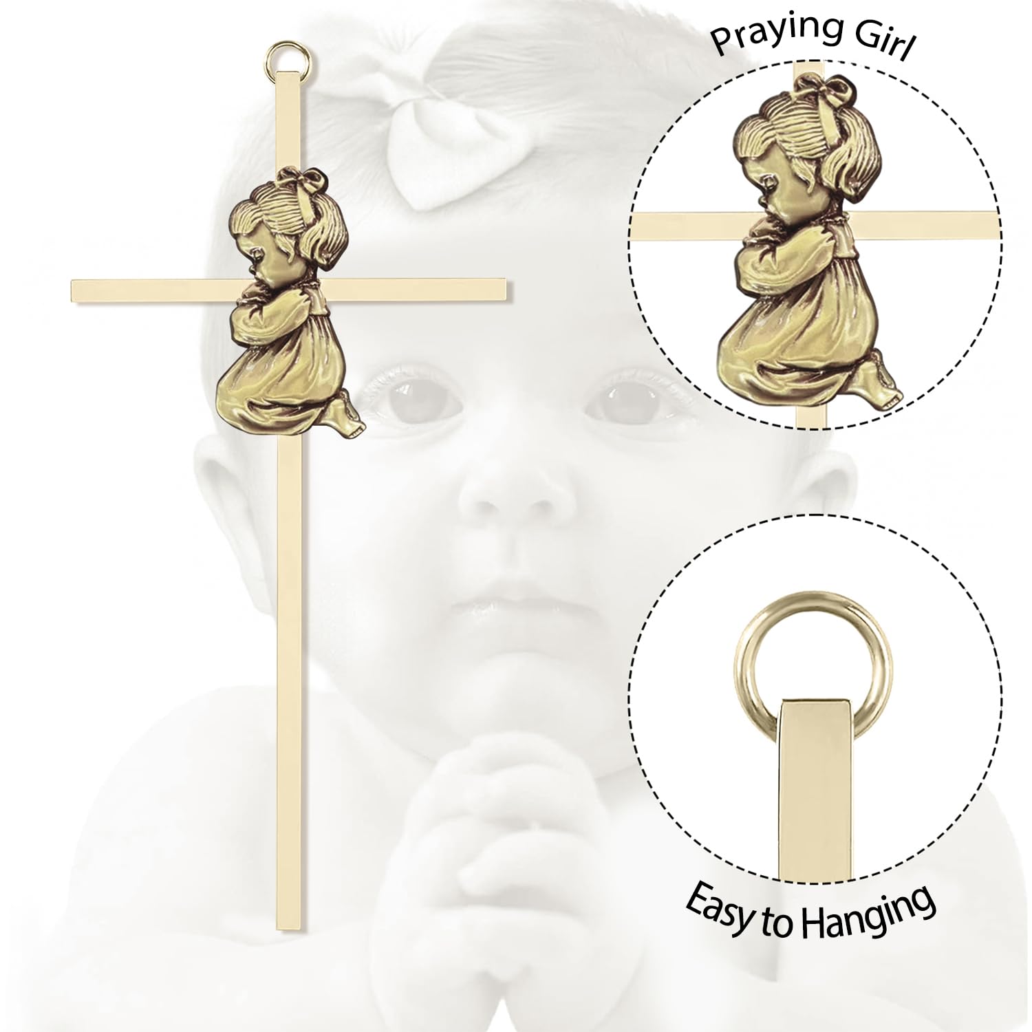 Tryuunion Baby Wall Cross Baptism and Christening Gifts for Girl, 7-inch Olive Golden Blessing Catholic Girl Baptism Crosses for