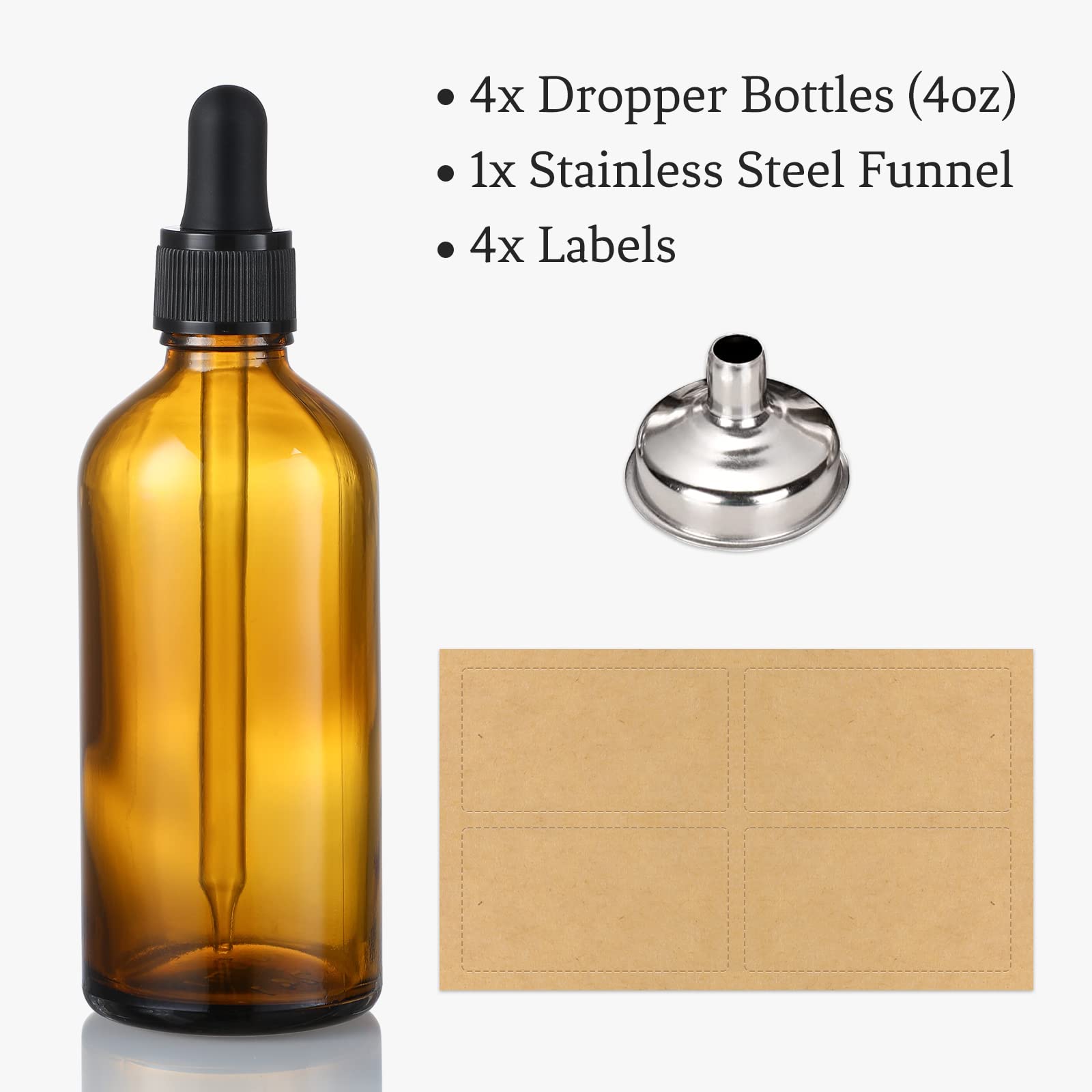 Aozita 4 Pack, 4Oz Amber Glass Dropper Bottles With 1 Funnel & 4 Lables - 120Ml Dark Brown Tincture Bottles With Eye Droppers -