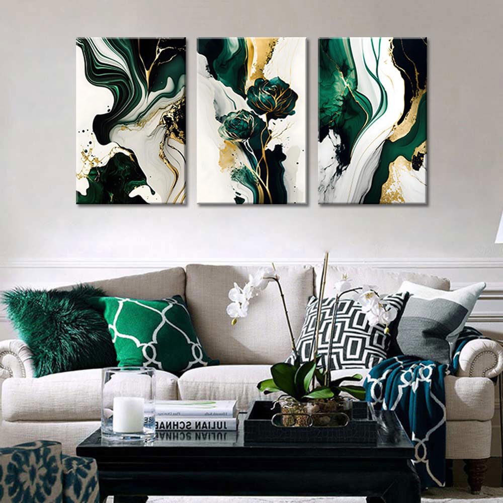 3Pcs Framed Emerald Green Wall Art, Modern Green And Gold Abstract Marble Canvas Wall Art Paintings Prints Posters Wall Decor Pi