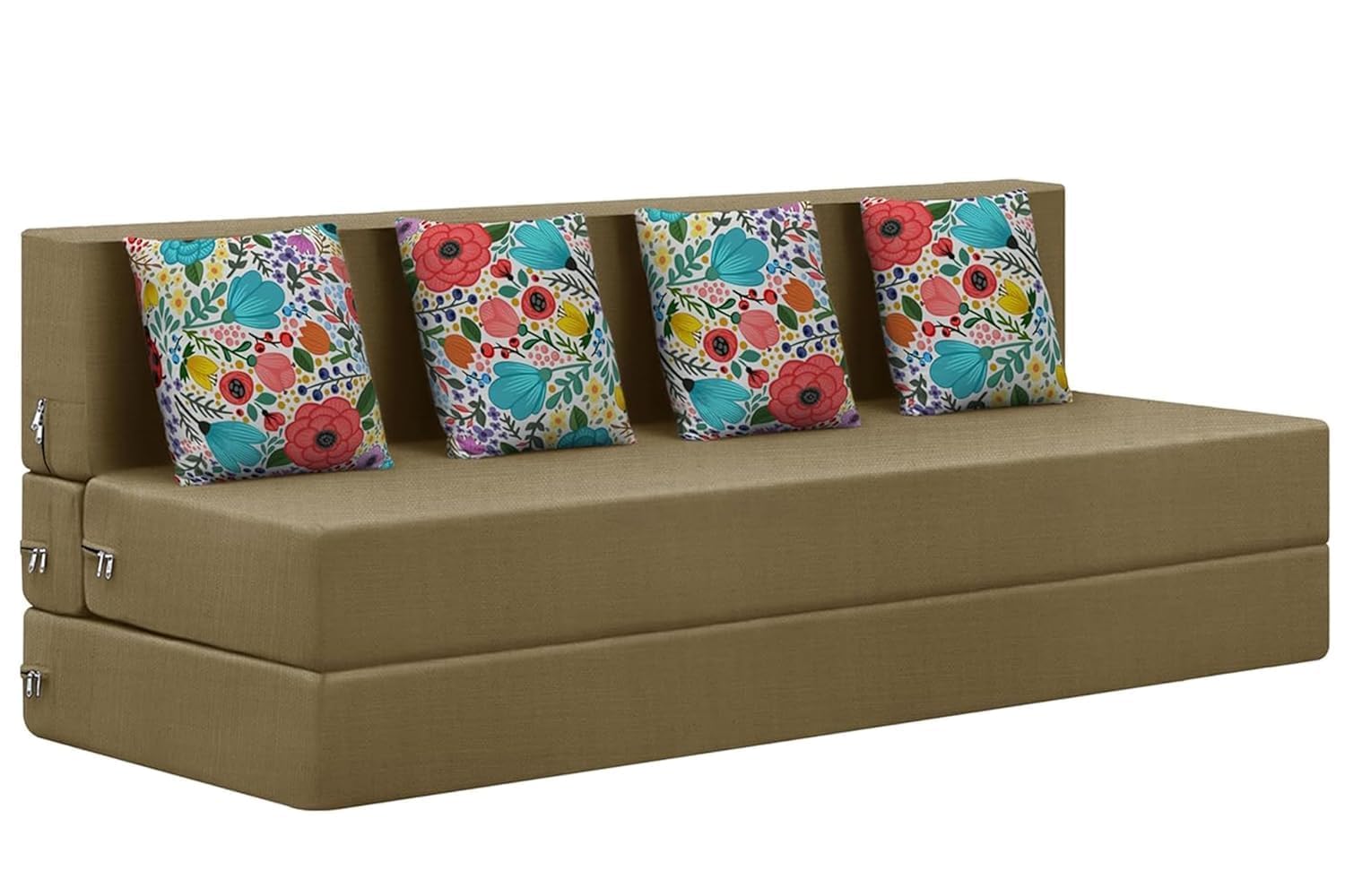 Rosebell Four Seater Sofa Cum Bed, Foldable Sofa Bed 6 X 6 Feet, Jute Fabric Washable Cover Including Four Printed Cushion Per