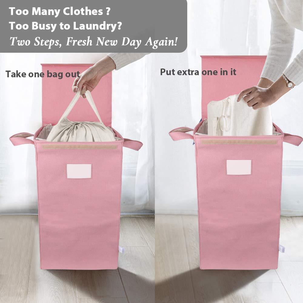 Mcleanpin 210L Pink Laundry Hamper With Lid And 2 Removable Bags, Collapsible Dirty Clothes Hamper With Handles, Foldable Baby N