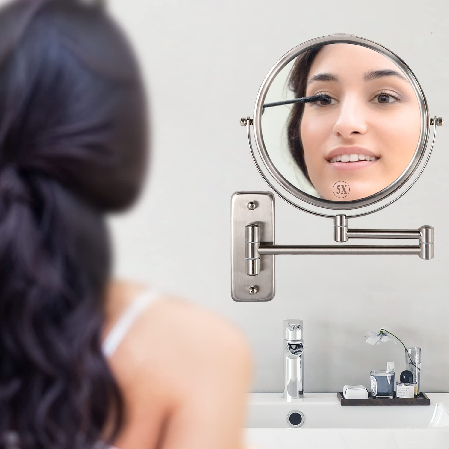 ALHAKIN Wall Mounted Makeup Mirror  1X/5X Magnifying Mirror Double Sided  8 Inch Extendable Bathroom Mirror for Shaving  Nickel