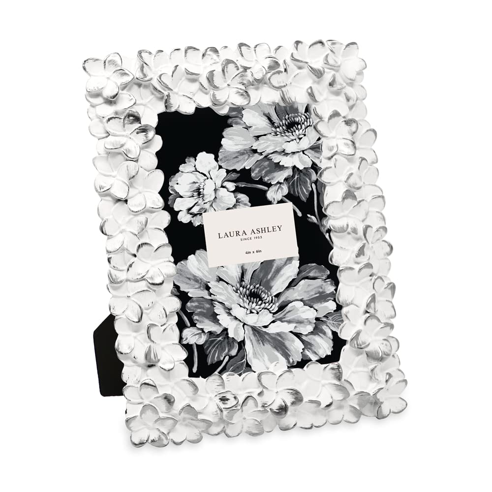 Laura Ashley 4x6 White & Silver Flower Textured Hand-Crafted Resin Picture Frame w/Easel & Hook for Tabletop & Wall Display, Dec