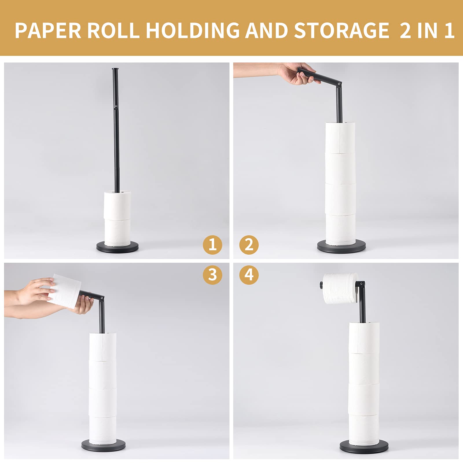 LAYUKI Toilet Paper Holder Stand Free Standing Toilet Paper roll Holder with Storage  Matte Black Extra Roll Available Heavy Base Stainless Steel Rustproof