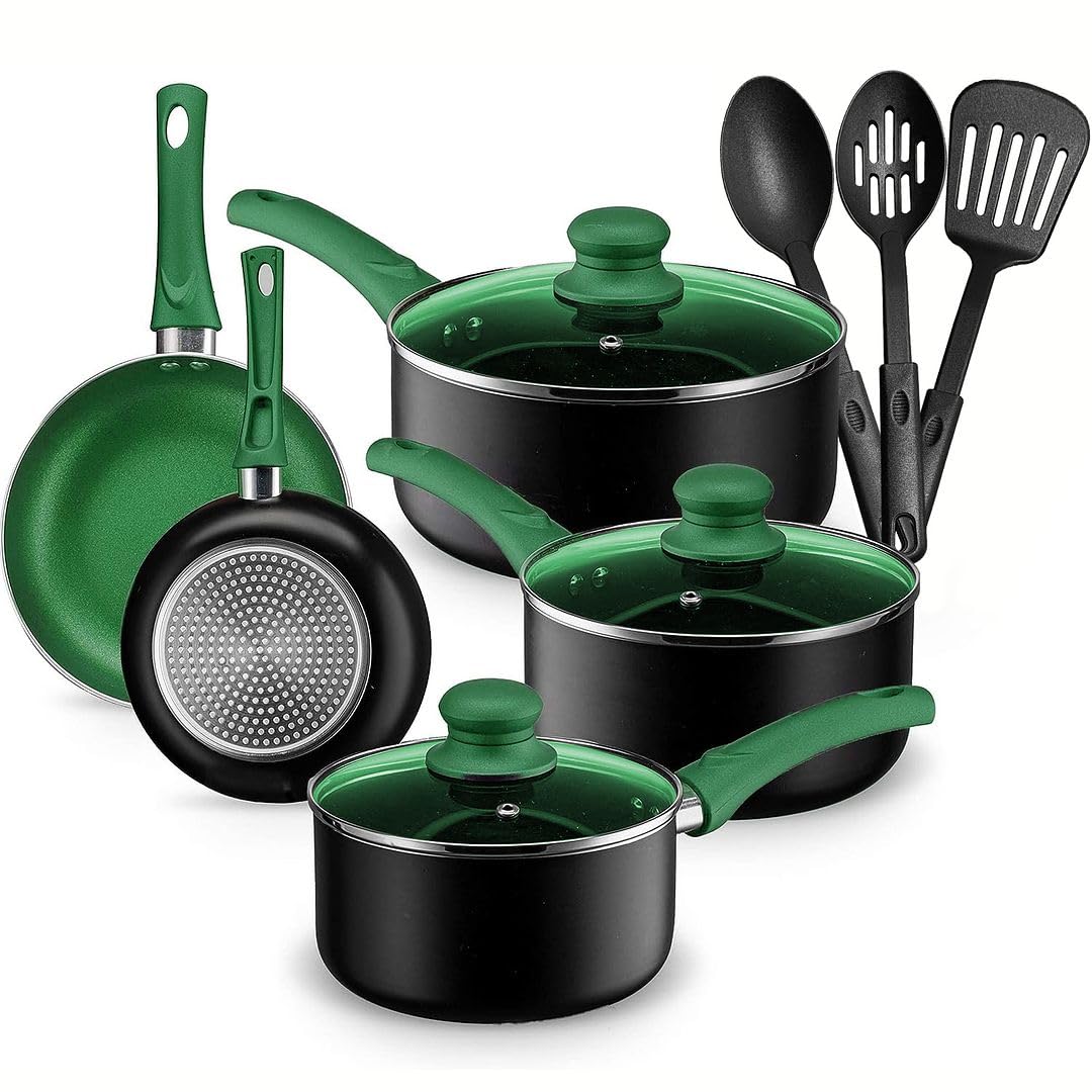Chef's Star Pots And Pans Set Kitchen Cookware Sets Nonstick Aluminum Cooking Essentials 11 Pieces Green