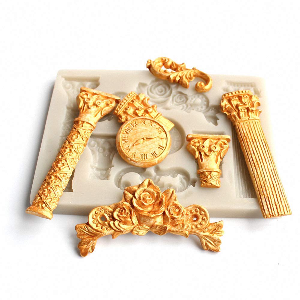 Set Of 2 Roman Column Silicone Fondant Mold Greek Marble Pillars Bas Relief Retro European Pattern Clock Gumpaste Chocolate Cand