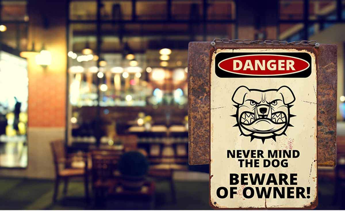Aoyego Never Mind The Dog Beware Of Owner Danger Warning Tin Sign,Comic Poster With A Angry Dog Design Vintage Metal Tin Signs F