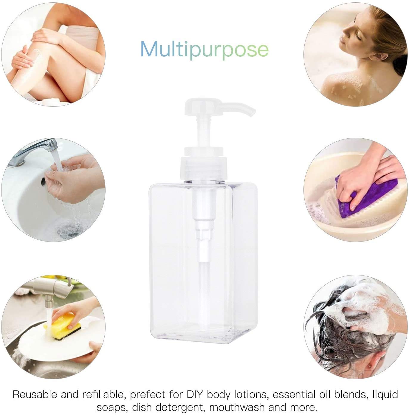 Pump Bottle, Refillable Plastic Empty Lotion Soap Dispenser Liquid Container For Bathroom Shampoo And Body Wash, 15Oz/450Ml Clea