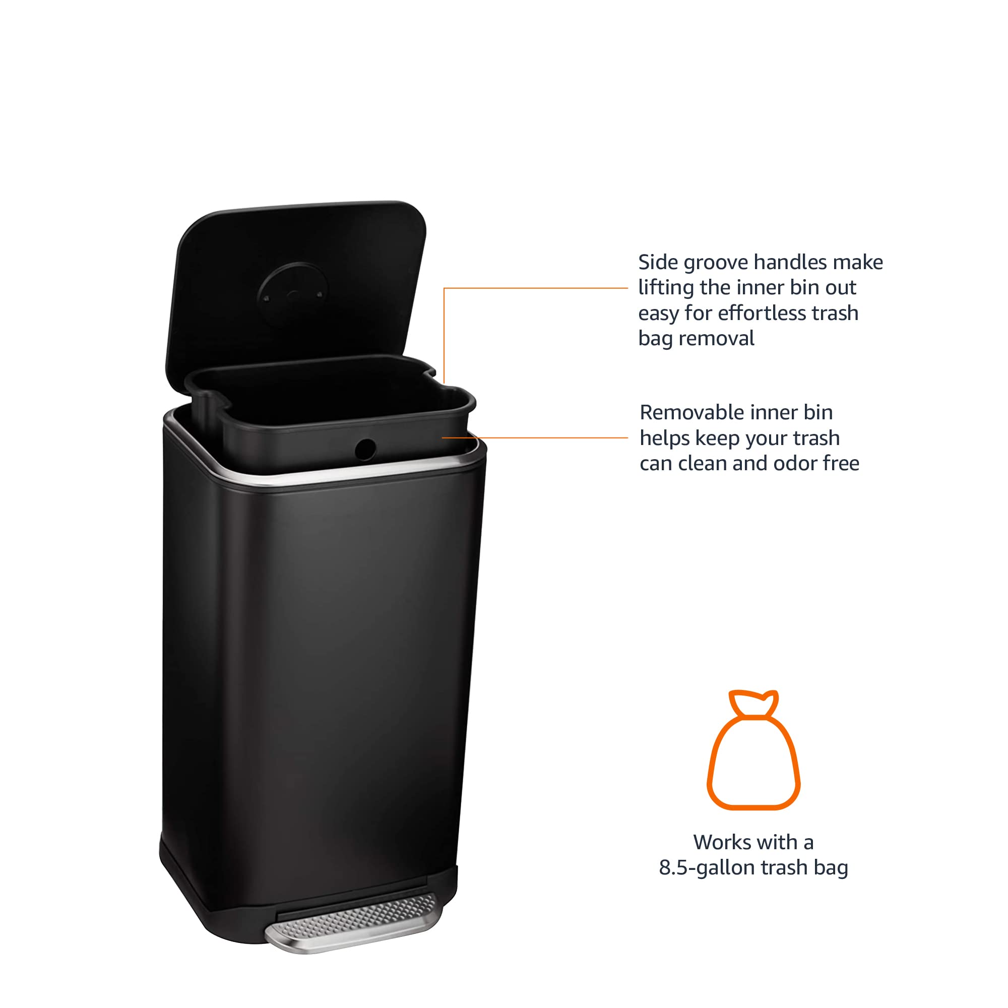 Amazon Basics Metal Rectangular Trash Can With Liner and Soft-Close Foot Pedal  32 Liter / 8.5 Gallon  Black