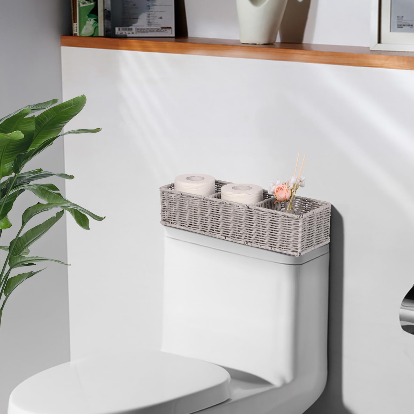 Gray 3-Section Wicker Storage Basket - Modern Minimalist Toilet Paper & Toiletries Organizer