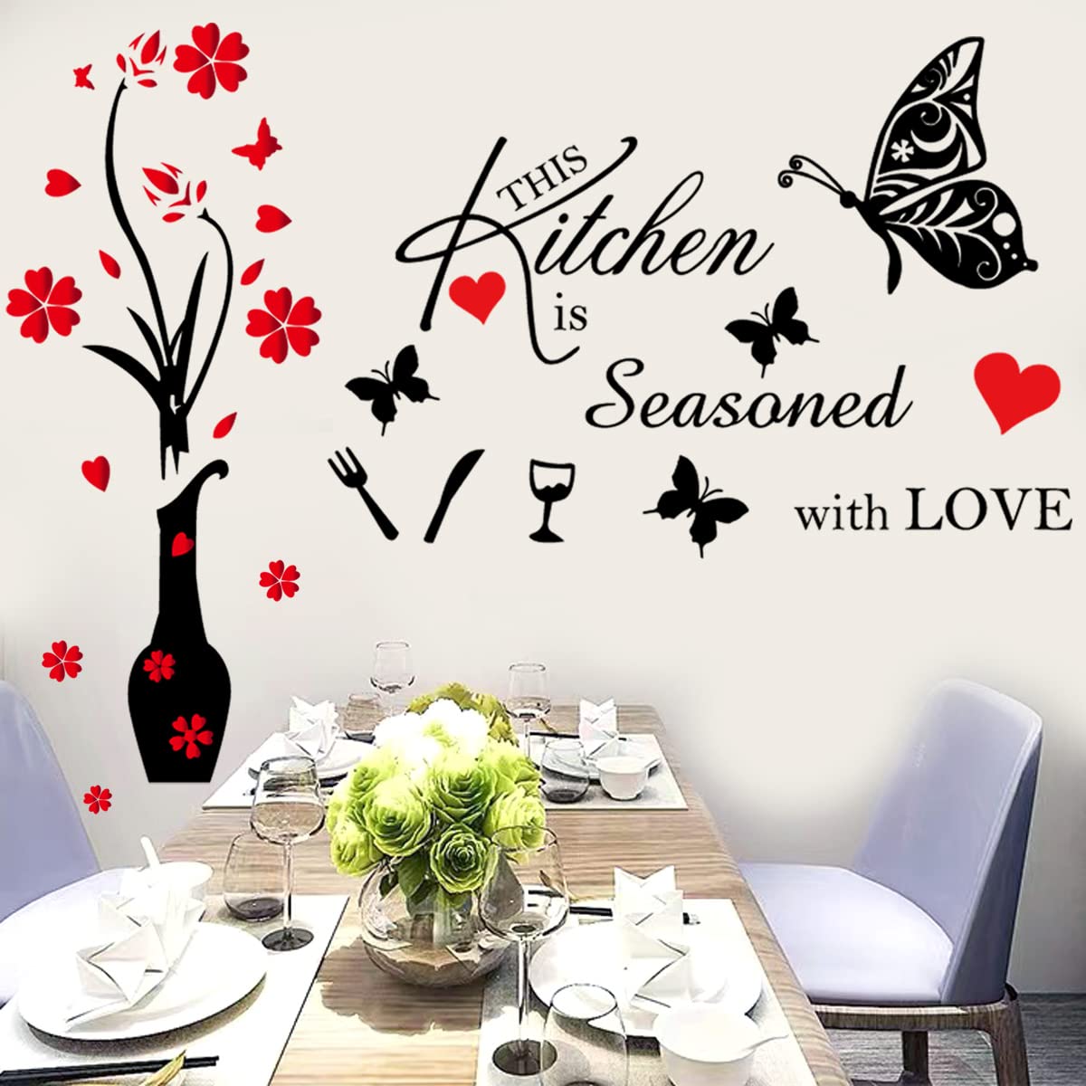 Kitchen Wall Decor Stickers Kitchen Quotes This Kitchen Is Seasoned With Love Red Heart Butterfly Wall Sticker Removable Wall De