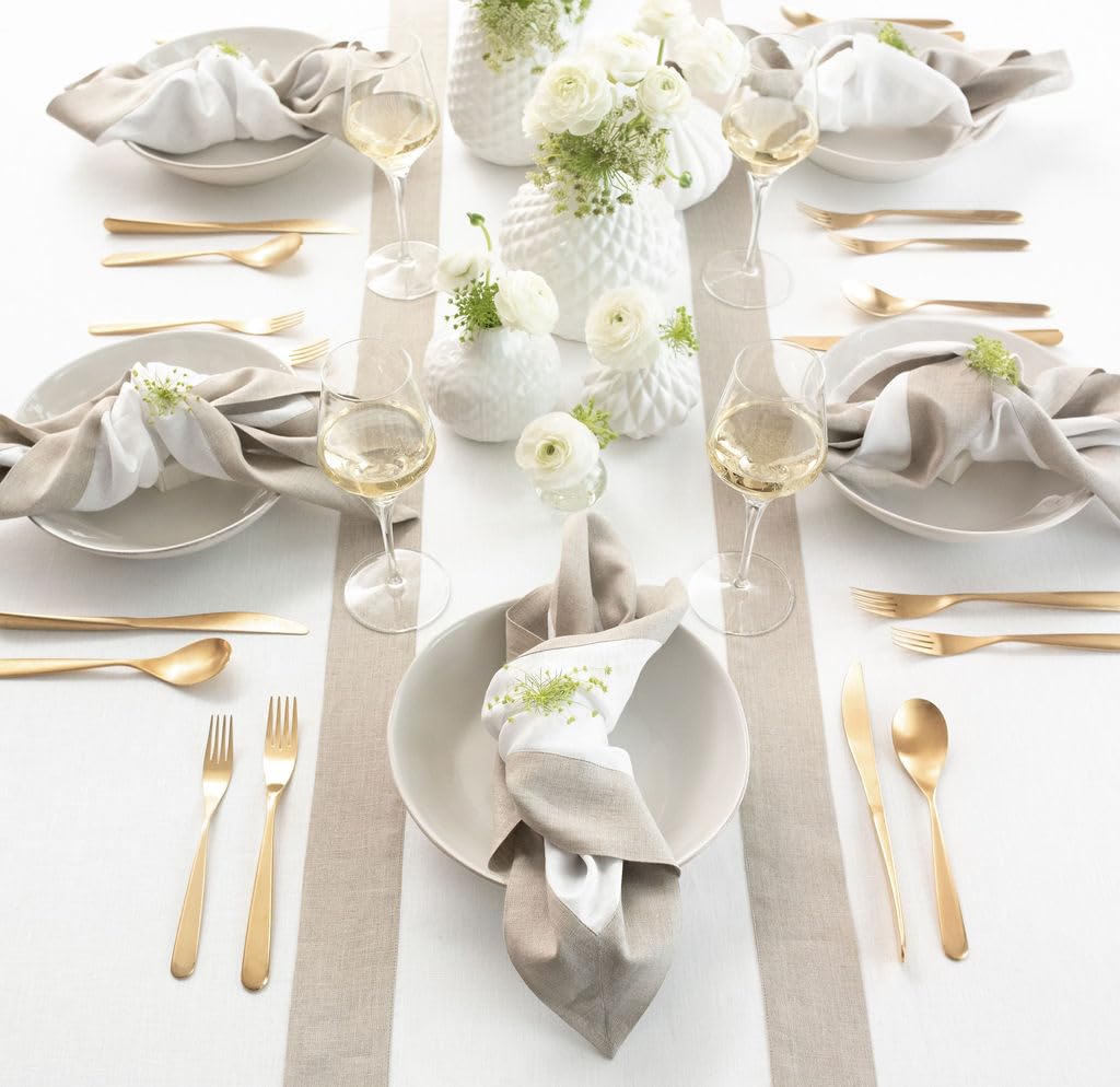 Solino Home Linen Dinner Napkins 20 X 20 Inch - 100% Pure Linen Natural And White Cloth Napkins Set Of 4 - Contempo, Handcrafted