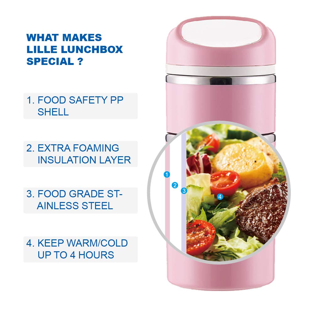 Lille Home Stackable Stainless Steel Thermal Lunch/Snack Box, 3-Tier Insulated Bento Box With Portable Cutlery Set, 43Oz, Pink