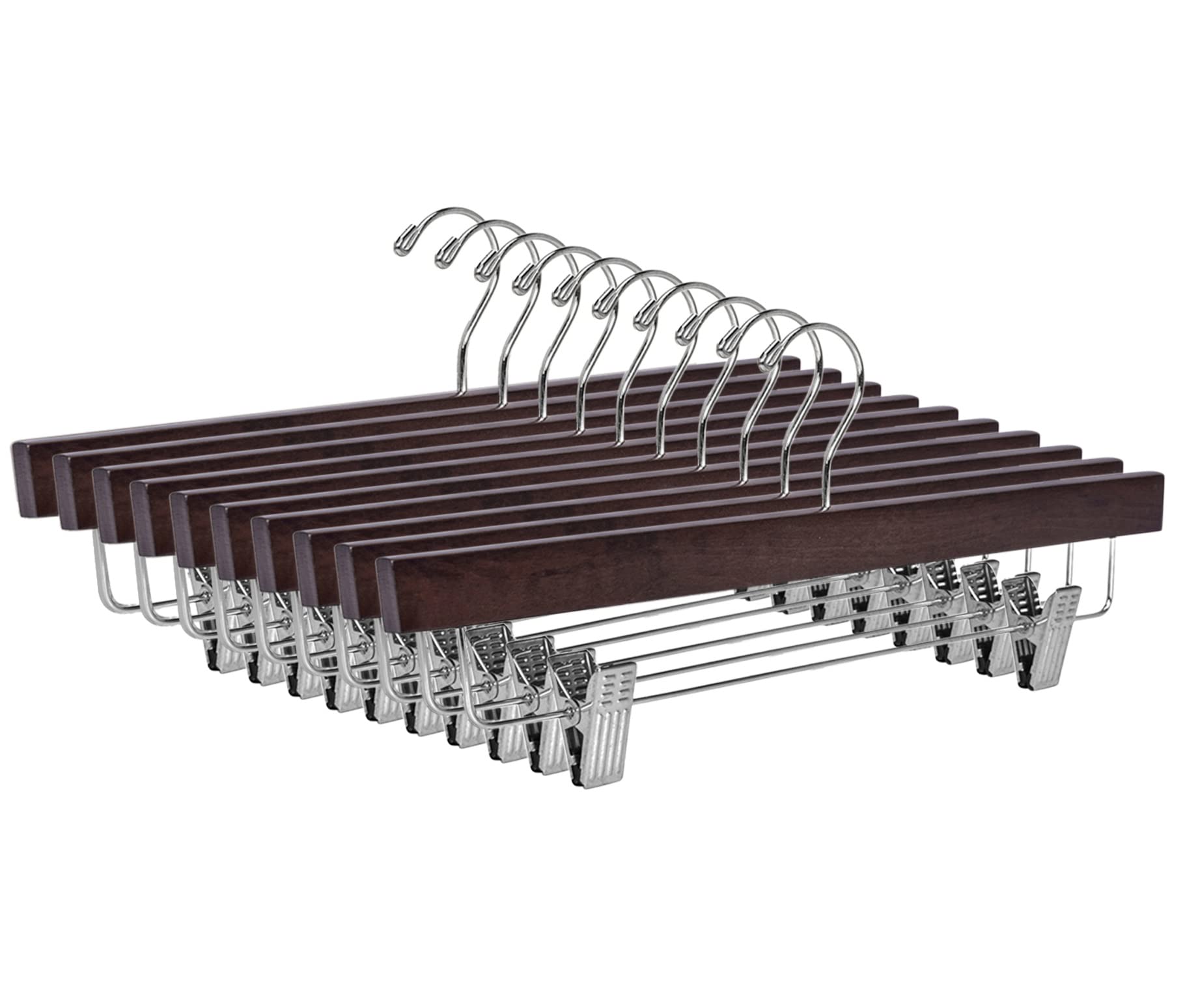 Quality Wooden Pants Hangers Skirt Hanger Jeans Hanger Bottom Hanger, Swivel Hook, Adjustable Clips (Walnut - Chrome Hook, 10)
