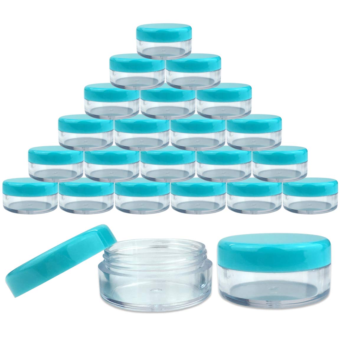 (Quantity: 500 Pieces) Beauticom 5G/5ML Round Clear Jars with Teal Sky Blue Lids for Scrubs, Oils, Toner, Salves, Creams, Lotion