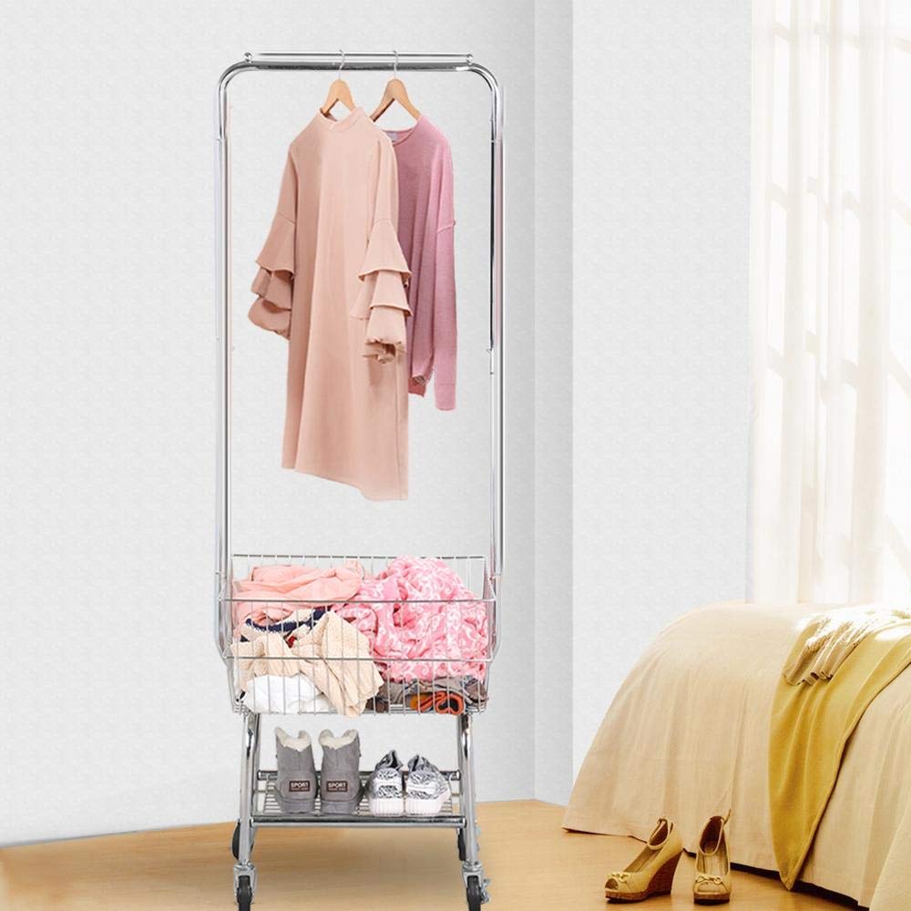 Go2Buy Standard Commerical Laundry Bulter Rolling Laundry Cart With Hanging Bar, Silver