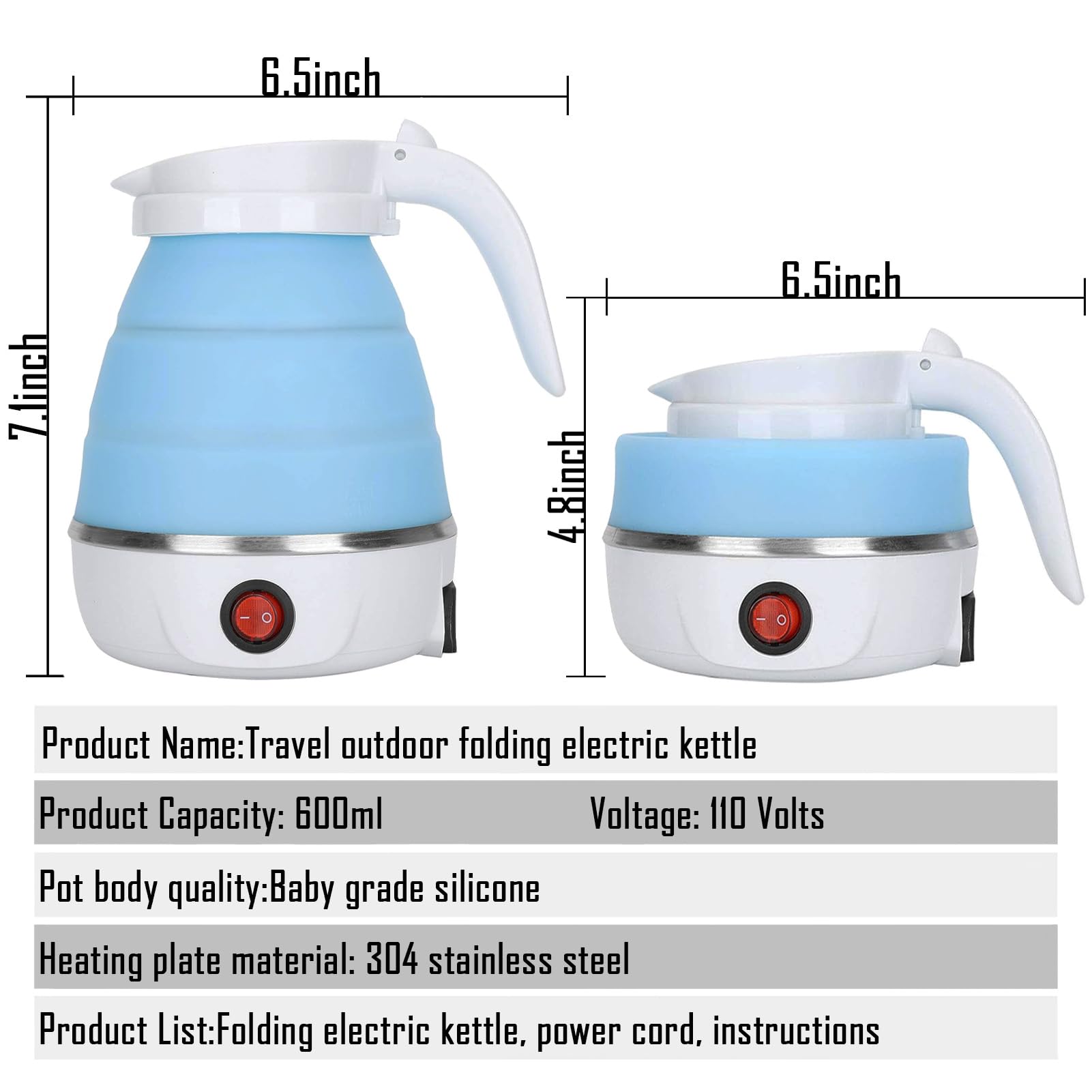Travel Kettle Electric Small Foldable Portable Kettle,Silicone Collapsible Heating Water Boiler Tea Pot For Camping,Easy For Sto
