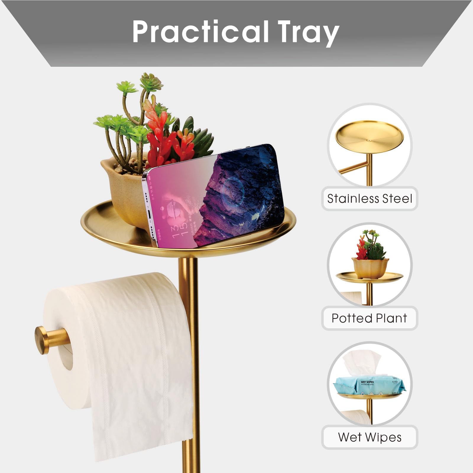 Standing Toilet Paper Holder Gold, Tp Holder With 6.7'' Phone Shelf, Holds 5 Rolls, Stainless Steel (Gold)