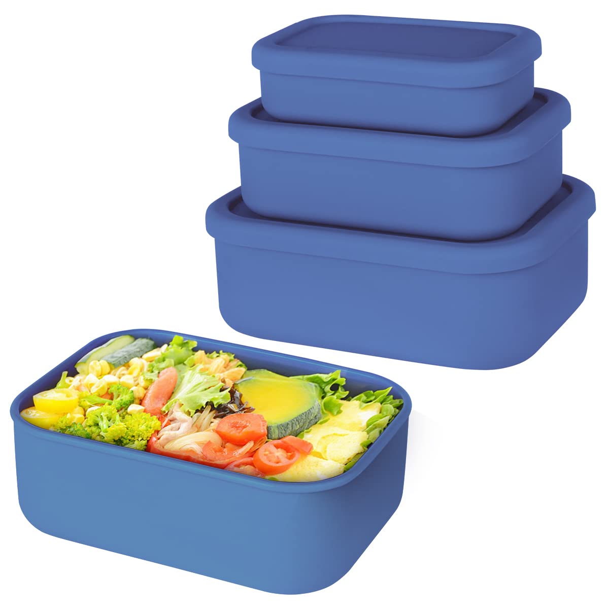 Keweis Silicone Food Storage Containers, Set Of 3 Silicone Bento Lunch Box Containers With Lids, Hard-Shell Silicone, Airtight,