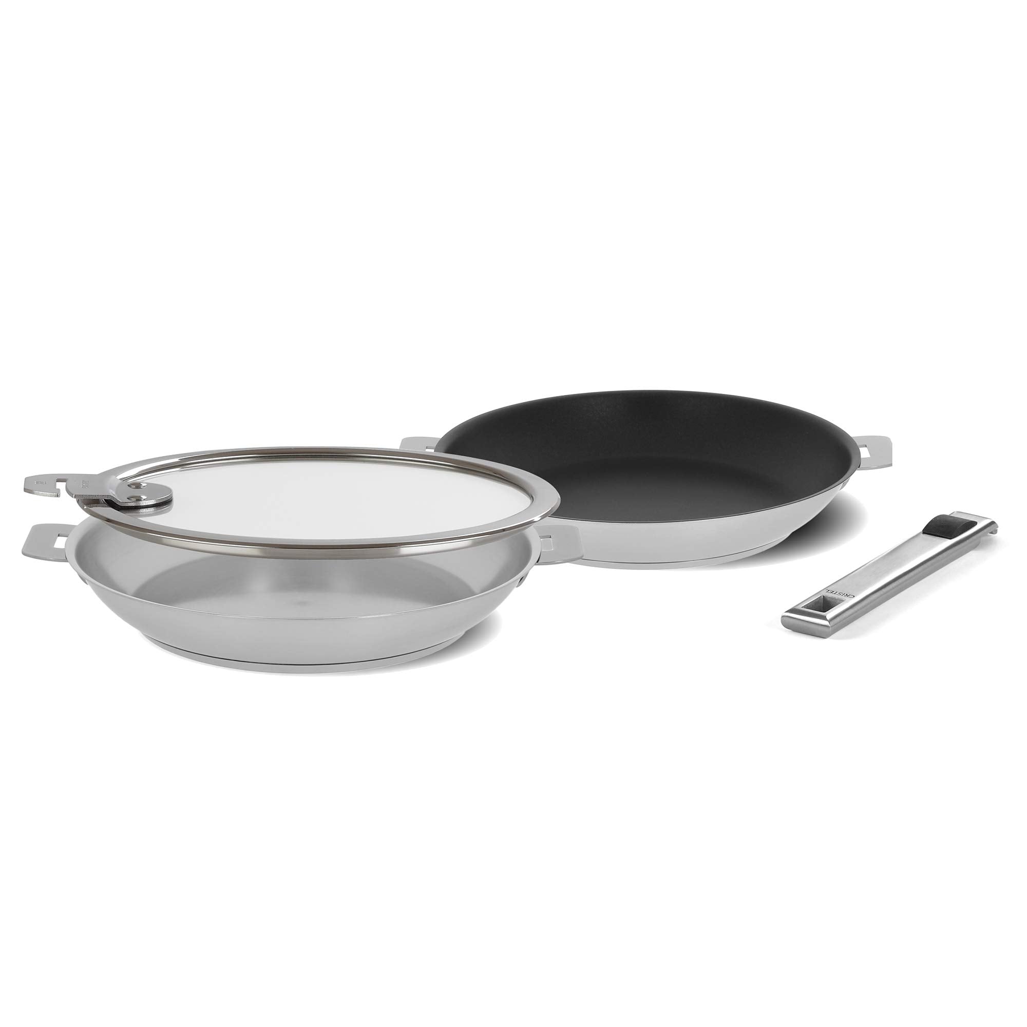 CRISTEL ST4QLPKSA Strate Stainless Steel 4 Piece Fryingpan Set with 9.5 nonstick fryingpan, 11 stainless steel fryingpan + li