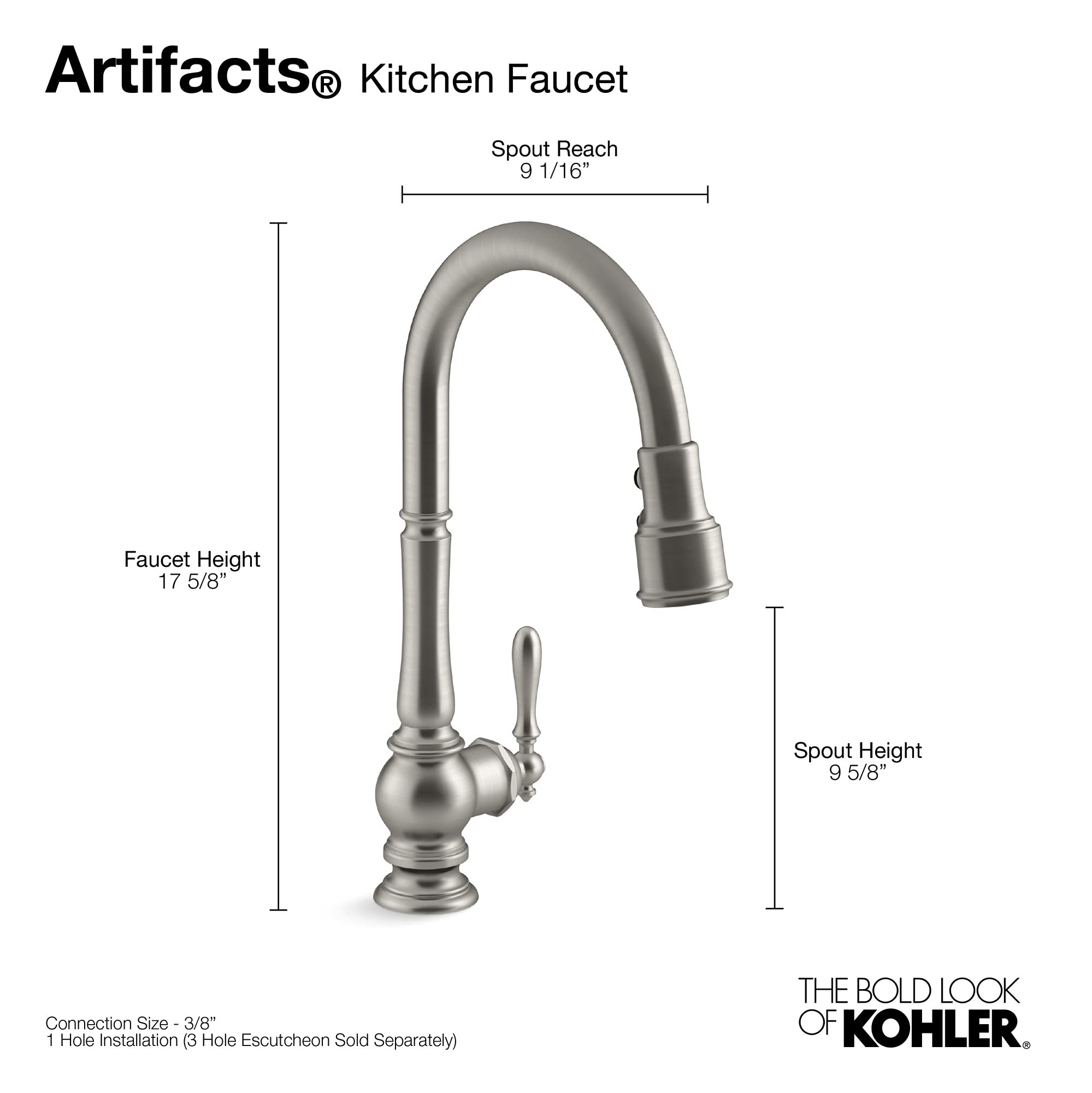 Kohler K-99259-Sn Artifacts Kitchen Sink Faucet, 17.63 X 4.31 X 8.50 Inches, Vibrant Polished Nickel
