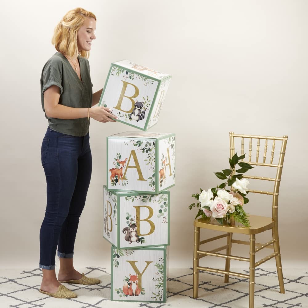 Kate Aspen Woodland Baby Boxes - Set of 4 Stackable Blocks for Baby Shower & Nursery Decor, Model 28593NA