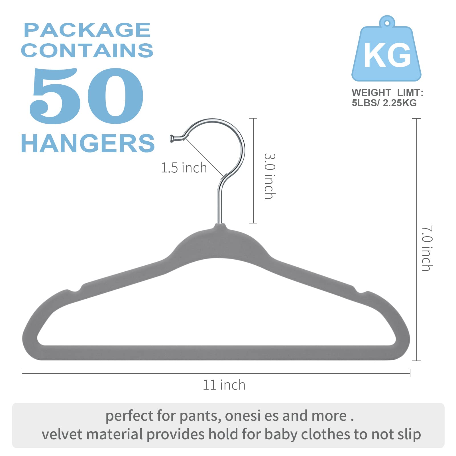 Moerkada Kids Velvet Hangers 50Pack-11 Inch Non Slip Baby Hangers Velvet, Space Saving Kids Clothes Hangers - 360 Swivel Hook, S